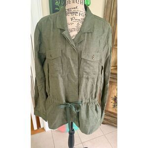 Eddie Bauer Jacket Womens XL Olive Green Linen Cotton Field Military Lightweight